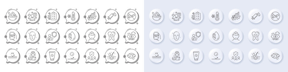 Fototapeta premium Health app, No alcohol and Diet menu line icons. White pin 3d buttons, chat bubbles icons. Pack of Serum oil, Stress, Health skin icon. Low thermometer, Medical syringe, Patient pictogram. Vector