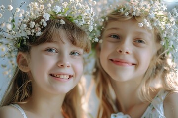 Two happy girls with long blonde hair and blue eyes wearing white dresses and have wreaths of white flowers on their heads, are standing close together on blurred white flowers.