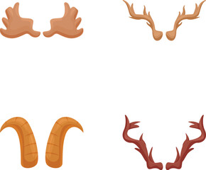 Cartoon illustration set featuring four different styles of animal horns and antlers