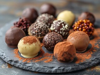 Decadent Chocolate Truffles Dusted with Cocoa Powder on Slate Platter against Dark Background for Gourmet Presentation