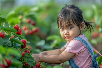 Young child joyfully picking ripe strawberries in a sunlit field on a warm summer day