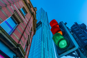 View of traffic lights and Beetham Tower, Manchester, Lancashire, England