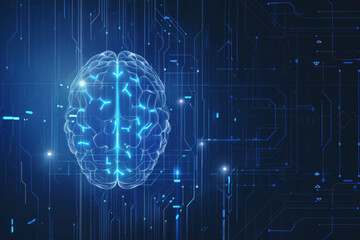 Digital brain with glowing blue lines on a dark background, representing artificial intelligence and advanced technology in a futuristic setting.