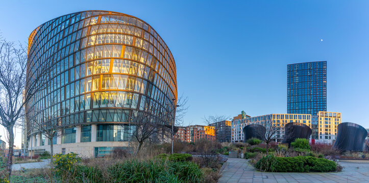 View of contemporary Co-op building in Angel Square, Manchester, Lancashire, England