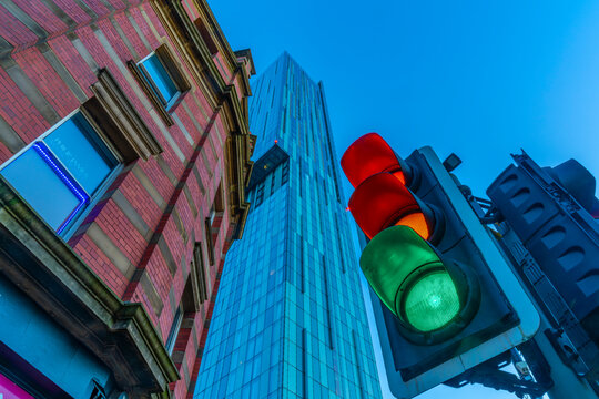 View of traffic lights and Beetham Tower, Manchester, Lancashire, England