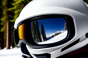 Close up portrait of snowboarder woman at ski resort wearing helmet and goggles with reflection of forest in mountains. Free copy space for your information. - Powered by Adobe