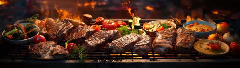 Barbecue grill with sizzling steaks and vegetables close up, cooking perfection, realistic, composite, outdoor kitchen backdrop