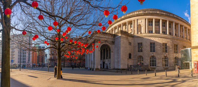 View of Chinese lanterns and Central Library in St. Peter's Square, Manchester, Lancashire, England