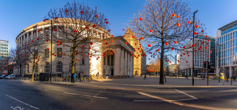 View of Chinese lanterns and Central Library in St. Peter's Square, Manchester, Lancashire, England
