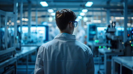 Fototapeta premium A factory worker in protective gear standing with their back to the camera, observing automated production lines and robotic arms, showcasing modern manufacturing and automation. 