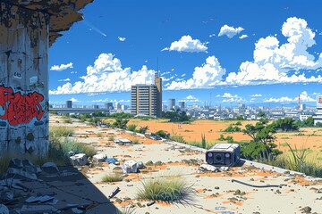 A view of a city skyline from a dilapidated building, with graffiti and overgrown vegetation.