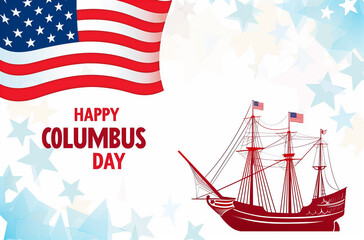 Vector illustration of a sailing ship and USA flag, celebrating Columbus Day, commemorating the discovery of America. Theme of travel and discovery.