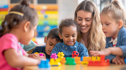 A smiling teacher interacts with young children playing with colorful toys in a classroom