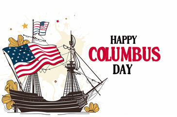 Vector illustration of a sailing ship and USA flag, celebrating Columbus Day, commemorating the discovery of America. Theme of travel and discovery.