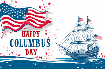 Vector illustration of a sailing ship and USA flag, celebrating Columbus Day, commemorating the discovery of America. Theme of travel and discovery.