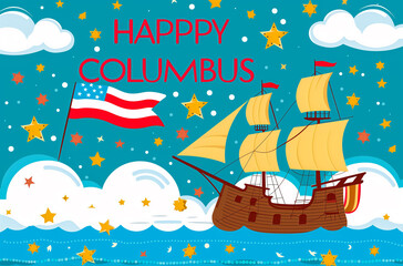 Vector illustration of a sailing ship and USA flag, celebrating Columbus Day, commemorating the discovery of America. Theme of travel and discovery.