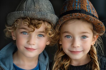 Duo couple portraits of cute caucasian boy and girl wearing colorful hats looking at a camera while posing outdoors. Young model couple with fashionable outfits shot.