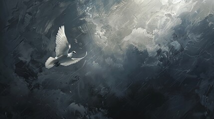 Dove flying through clouds for spiritual or religious designs