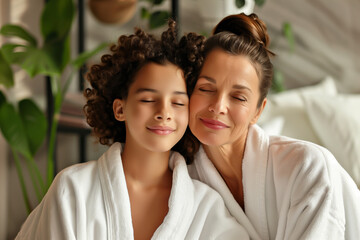 A heartwarming moment of a mother and daughter sharing a relaxing spa day together, showcasing love...