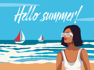 Vector illustration hello summer. A woman on vacation in a swimsuit sunbathes on the beach. Sea, sky, boat, sandy shore, girl. Template on the theme of tourism for a poster, social networks