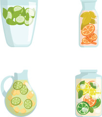 Collection of colorful vector illustrations featuring pitchers of fruitinfused water