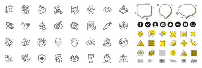 Set of Do not touch, Cyclist and Capsule pill line icons for web app. Design elements, Social media icons. Dont handshake, Medical mask, Dont touch icons. Leaves, Clean skin, Sun cream signs. Vector