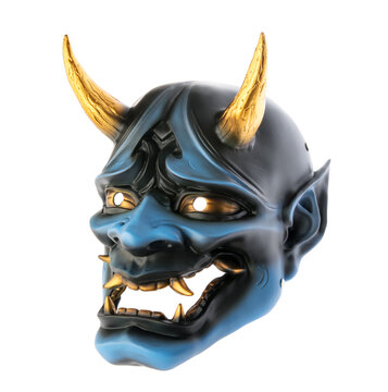 recommend clip art: japanese demon mask with golden horns on white background with clipping path