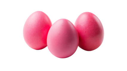 fresh pink chicken eggs sit together on a bright white background