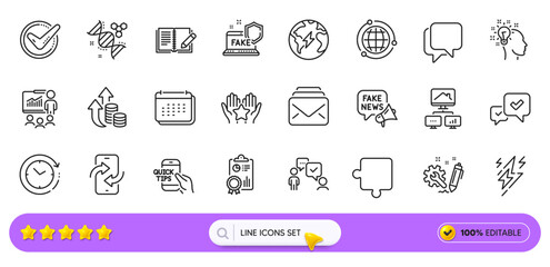 Lightning bolt, Fake news and Time change line icons for web app. Pack of Inflation, Puzzle, Feedback pictogram icons. Inspect, Phone transfer, Education signs. Electricity, Work home. Vector