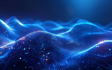 Dynamic digital wave with bright blue light points representing data and technology abstract background.