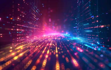 Obraz premium Abstract digital light trails and particles in vibrant neon colors creating futuristic and dynamic data streams on black background.