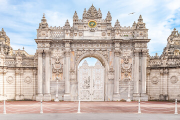 The outer gate of Dolmabahçe Palace is an ornate masterpiece. It features intricate baroque and...