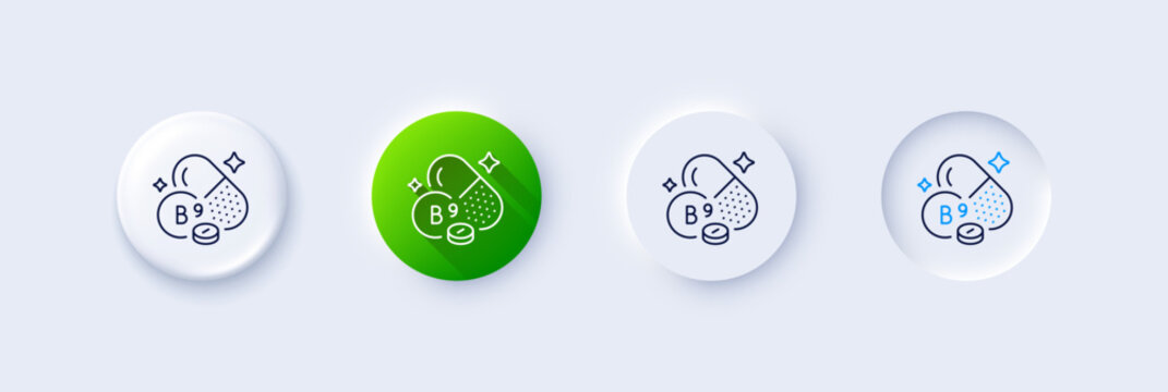 Vitamin B9 line icon. Neumorphic, Green gradient, 3d pin buttons. Folate food nutrient sign. Capsule or pill supplement symbol. Line icons. Neumorphic buttons with outline signs. Vector
