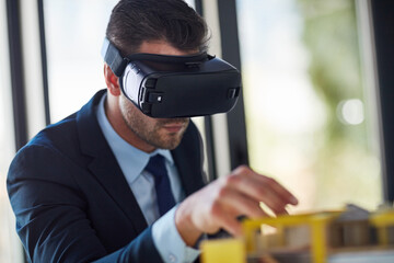 Business, man and vr for urban planning with future technology, vision and virtual reality as...