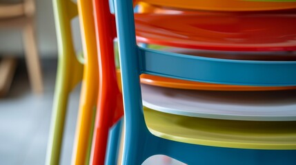 A set of colorful and stackable chairs all made from recycled plastic adding a fun and sustainable touch to any space.