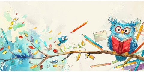 a image of a painting of an owl sitting on a branch with a book