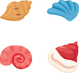 Four cartoonstyle sea shells, each with a unique shape and color, isolated on a white background