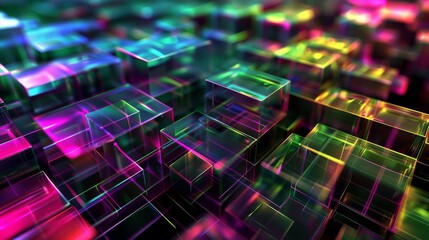 Fototapeta premium Abstract holographic background with neon glowing cubes. Digital technology concept. Abstract futuristic design. Background of glass blocks in different colors in the style of 3D 