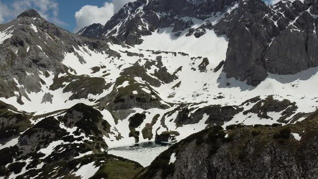 Aerial view of Seebensee with Zugspitze in the background, Alpine landscape in spring