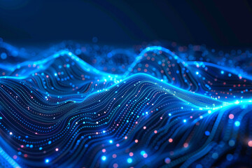 Futuristic digital landscape with glowing neon lights and data points, representing tech innovation and advanced computer networks.