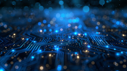 Obraz premium Abstract blue circuit board with glowing bokeh lights representing technology, data, and digital connections in a futuristic background.