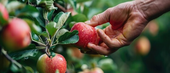  hand of farmer picking red apple fruit