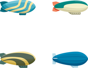 Set of four cartoonstyle airships in various colors and designs, isolated on white background