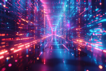 Fototapeta premium A vibrant, futuristic tunnel filled with neon lights and digital patterns, creating an aesthetically pleasing and immersive experience.