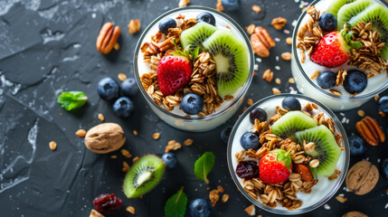 Top view of homemade granola with nuts, raisins with different fruits and berries with the addition of yogurt. The concept of healthy eating and healthy lifestyle.
