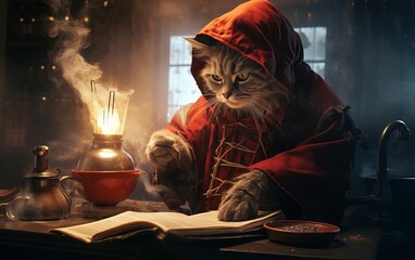 Fototapeta premium Cat crafting demonic recipes in a foggy kitchen close up, supernatural cuisine, vibrant, overlay, misty kitchen backdrop