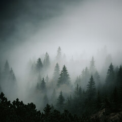 Misty autumn mysterious mood in mountains. Square format, edit space for your montage