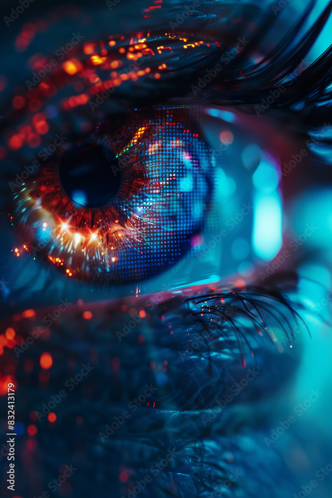 Wall mural Close-up of a human eye in cyberpunk style with vibrant digital patterns and reflections, showcasing a futuristic technology concept.