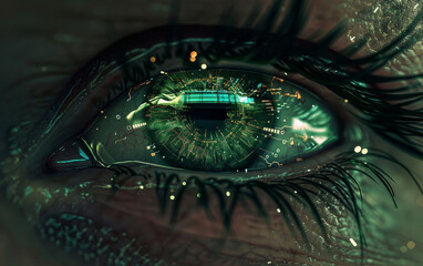 Close-up of a digitized human eye overlayed with futuristic technology, reflecting circuits and data, symbolizing AI integration and technological advancement.