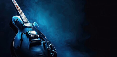 a image of a black electric guitar with a blue background